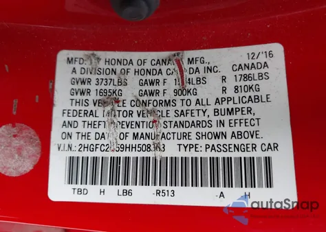 2017 Honda Civic Lx z USA, uszkodzony, nr VIN 2HGFC2F59HH508363